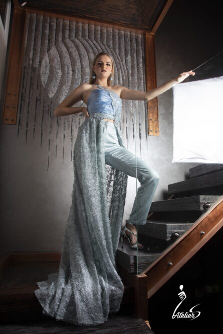 LIGHT BLUE LACE TOP WITH PANTS