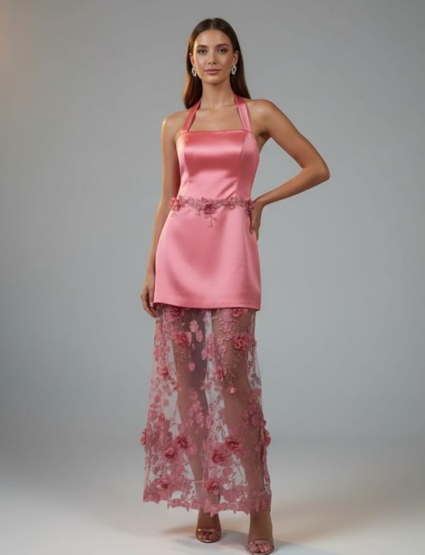 PINK DRESS WITH  FLORAL EMBROIDERY