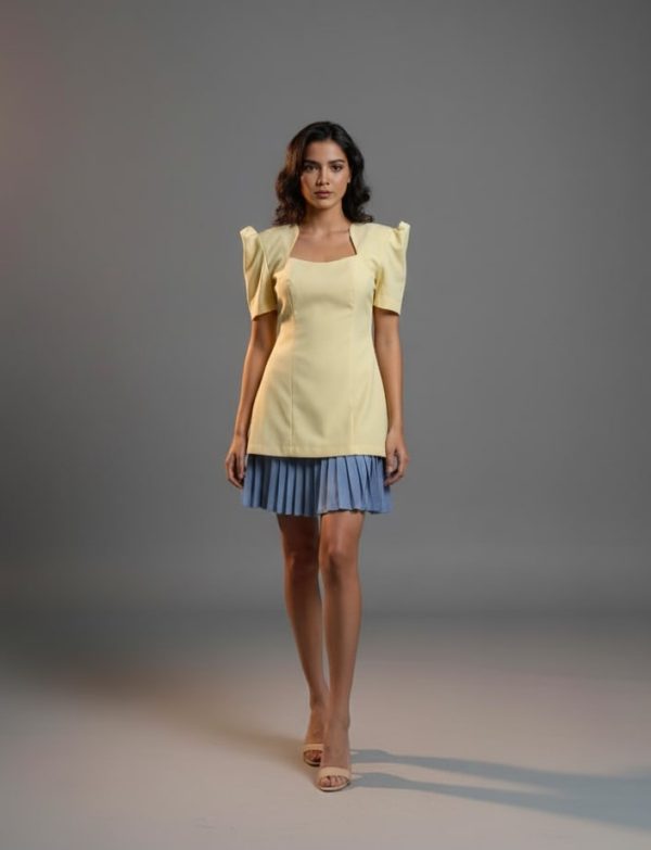 YELLOW/BLUE CUPRO  PLEATED DRESS